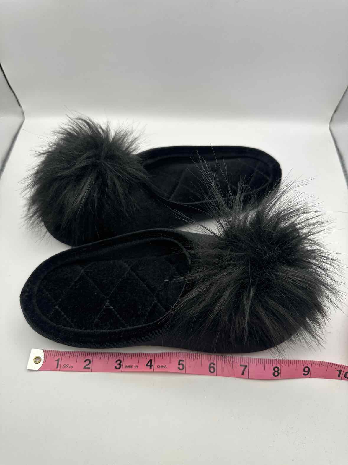 Vintage Black Velvet Slippers with Fuzzy Toe