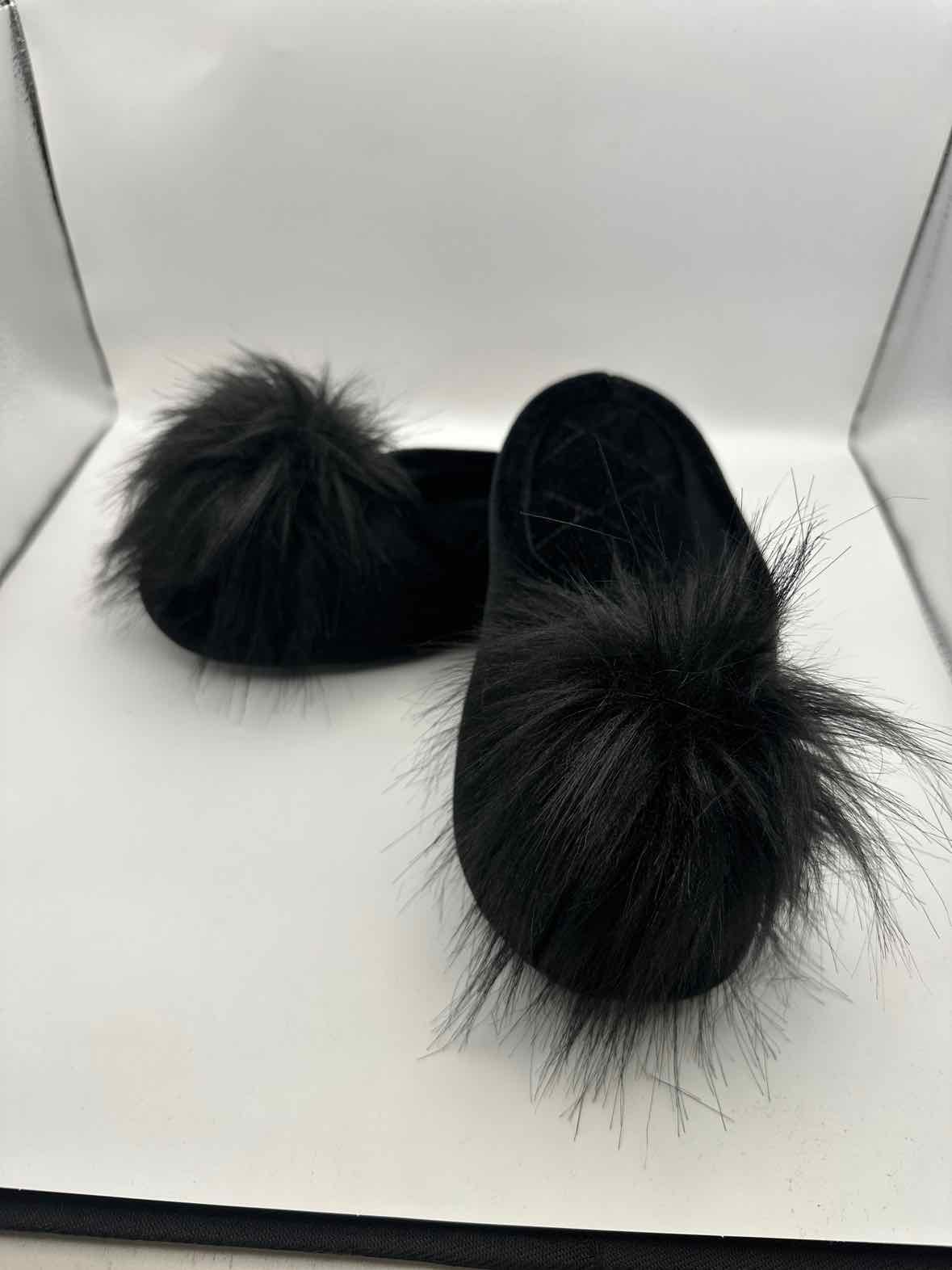 Vintage Black Velvet Slippers with Fuzzy Toe