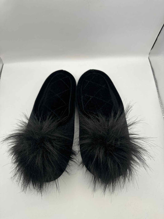 Vintage Black Velvet Slippers with Fuzzy Toe